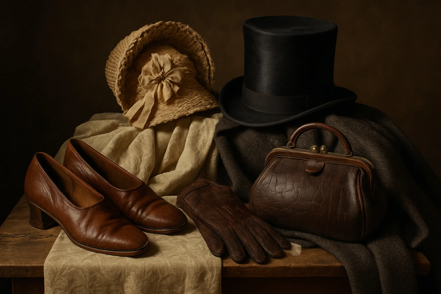 Composizione vintage con cappello a cilindro, scarpe in pelle marrone, borsa in coccodrillo, guanti e cappellino da donn